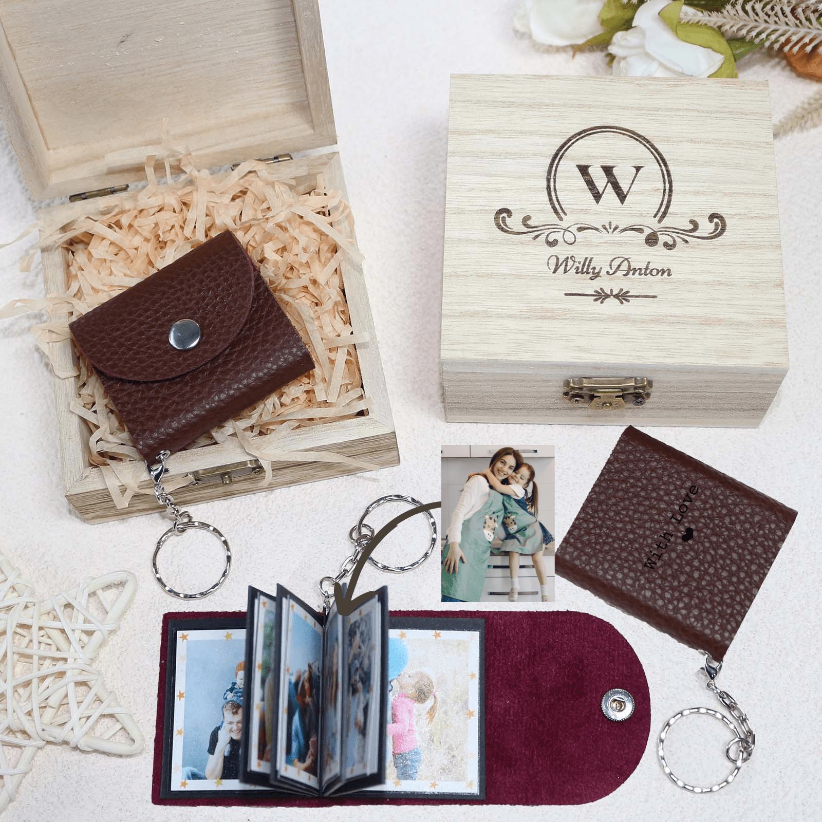 Personalized Mini Photo Keychain,Picture Keychains(Dark brown) Personalized Album, Mini Cute Key Ring Keychain with Picture Book for Family, Boyfriend, Couples, Dog, Friends - uniqicon