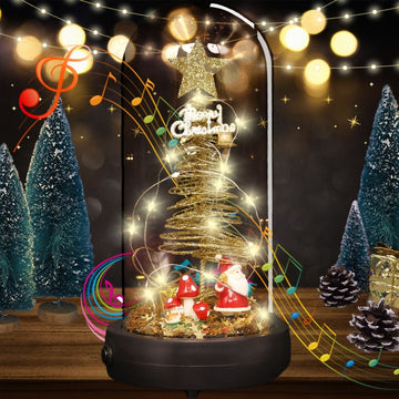 uniqicon LED Christmas Tree Music Box in Glass Dome with Santa Claus, Snowflakes Decorations Tree Present, Indoor Home Decor Gifts, Christmas Music Wooden Box Gifts for Girls Women Mom Friend