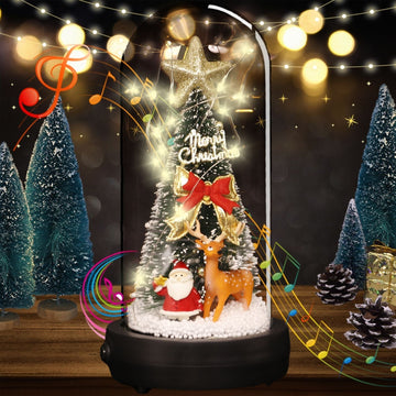 uniqicon LED Christmas Tree Music Box in Glass Dome with Santa Claus, Snowflakes Decorations Tree Present, Indoor Home Decor Gifts, Christmas Music Wooden Box Gifts for Girls Women Mom Friend