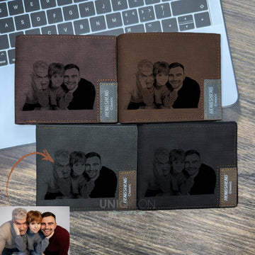 UNIQICON Personalised Black Leather Wallet for Mens, Custom Photo Wallets, Unique Laser Engraved Gifts from Mum to Grandad Son Dad WS