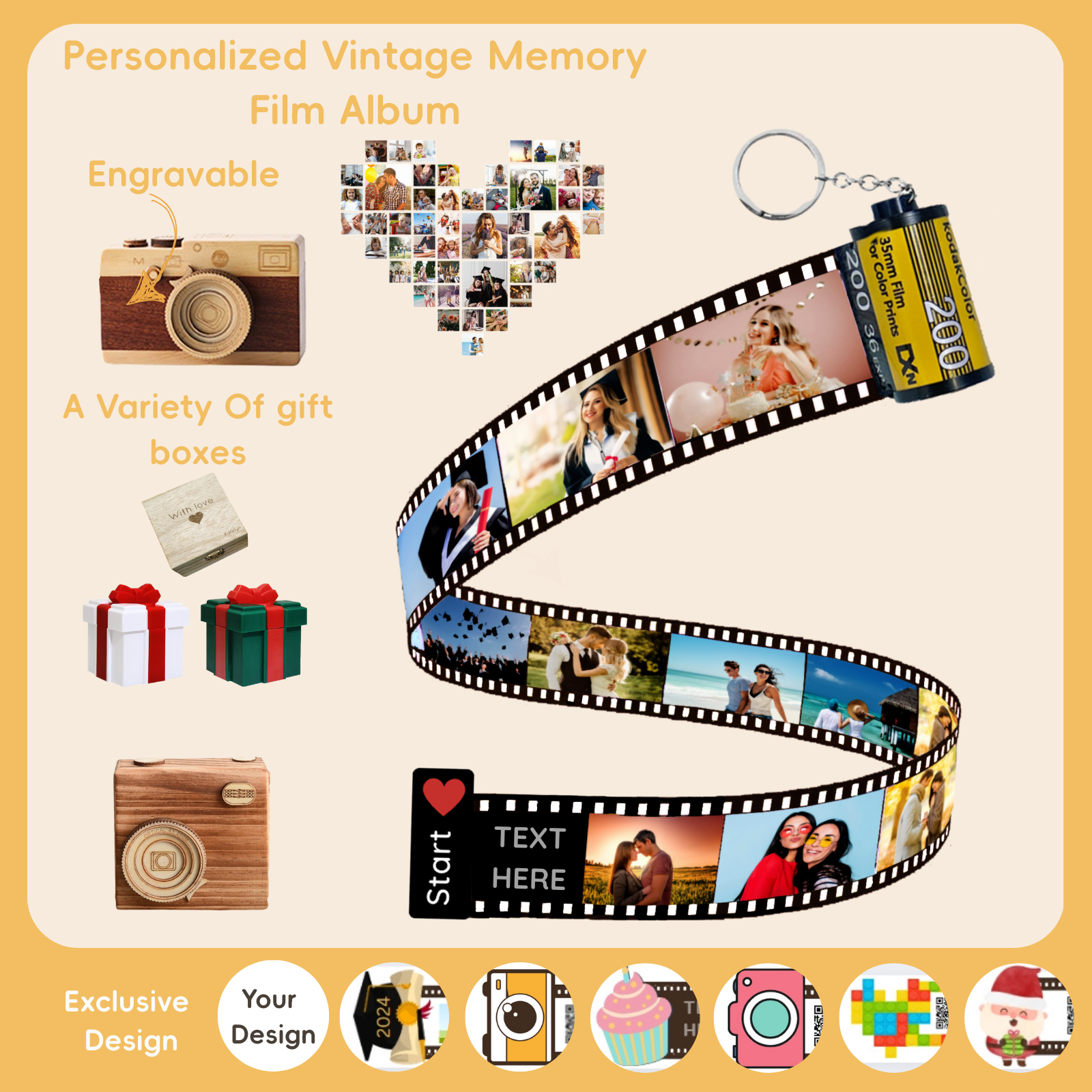 Custom Camera Film Roll Keychain, Personalized Memory Retro Camera Film HD Photo Album Voice Message Creative Picture Frames Birthday Christmas Gift Home Room Decor - uniqicon