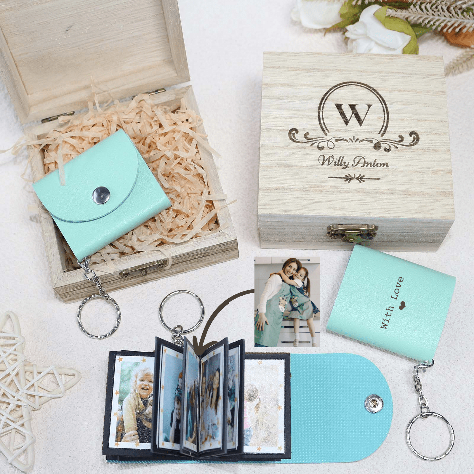 Personalized Mini Photo Keychain,Picture Keychains(Tiffany blue) Personalized Album, Mini Cute Key Ring Keychain with Picture Book for Family, Boyfriend, Couples, Dog, Friends - uniqicon