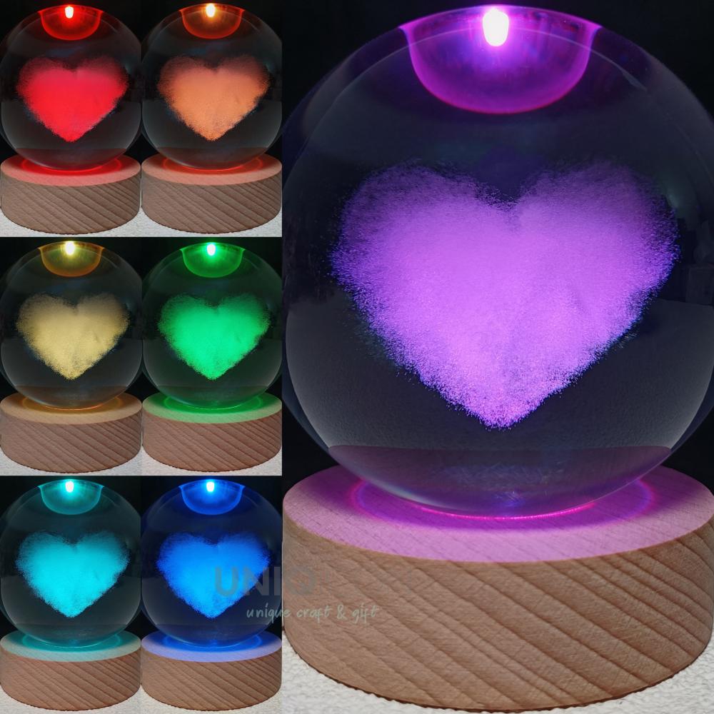3D Engraving Crystal Ball Heart LED Light Voice Message Gift Birthday Anniversary Valentine Christmas Graduation Friend Souvenir Corporate Award Recognition Appreciation - uniqicon