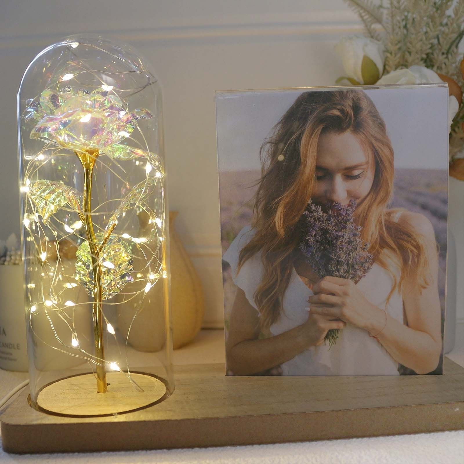 Romantic Galaxy Light Up Rose in Glass Dome with photo frame ornaments, beauty and the beast rose, eternal Rose Flower Gifts for Valentine's Day, Mother's Day, Birthday - uniqicon