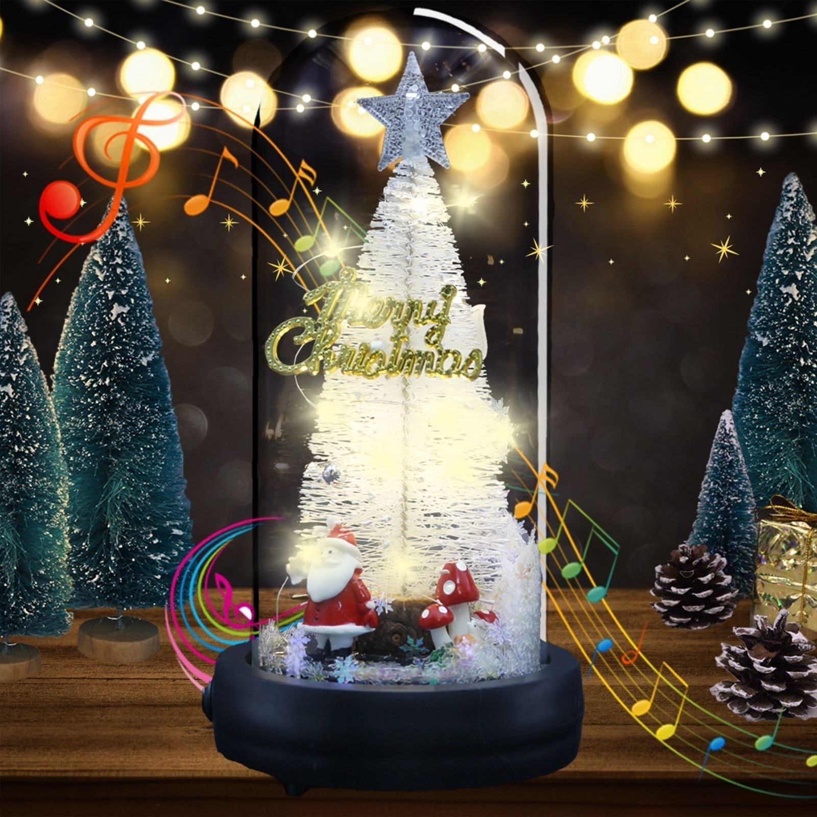uniqicon LED Christmas Tree Music Box in Glass Dome with Santa Claus, Snowflakes Decorations Tree Present, Indoor Home Decor Gifts, Christmas Music Wooden Box Gifts for Girls Women Mom Friend - uniqicon
