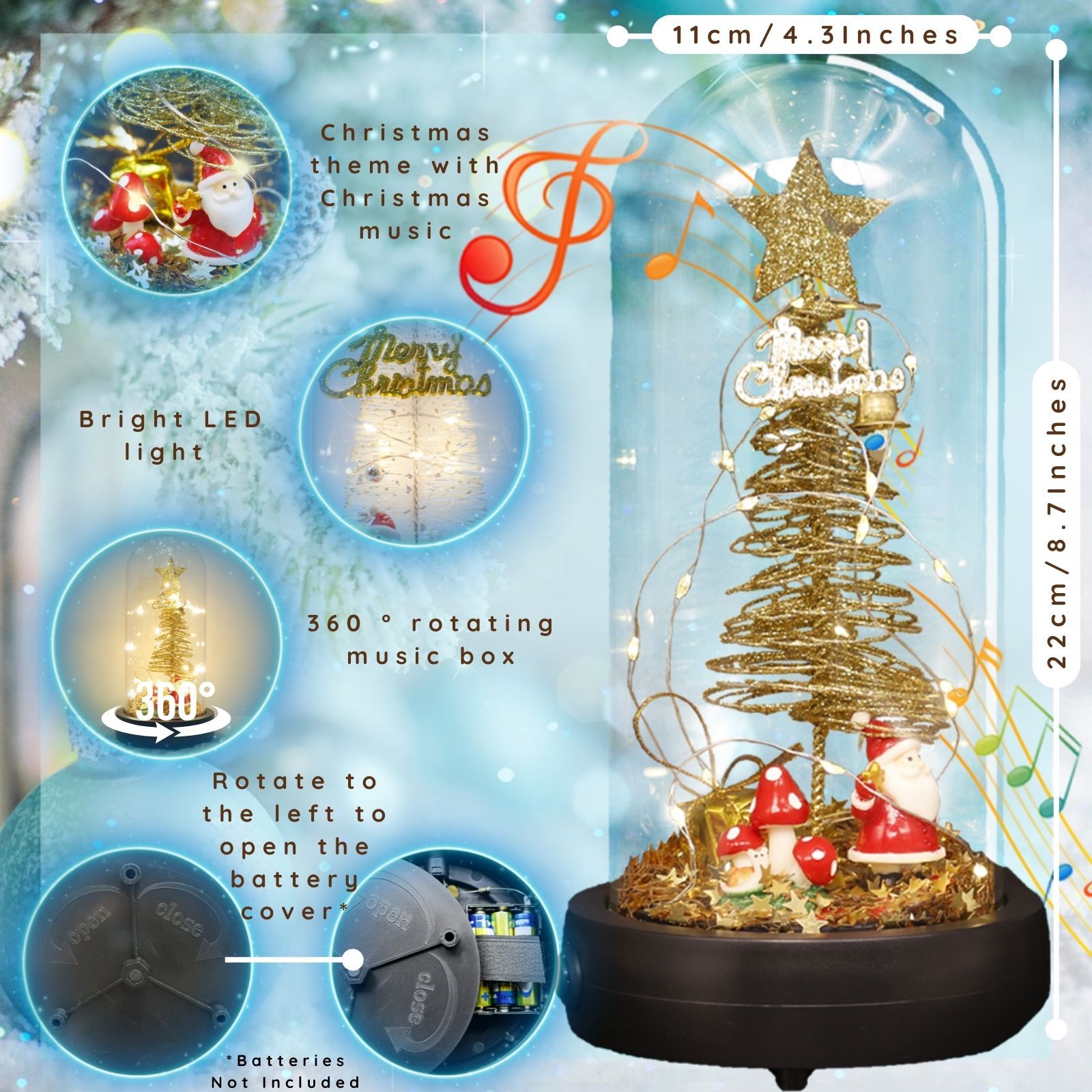 uniqicon LED Christmas Tree Music Box in Glass Dome with Santa Claus, Snowflakes Decorations Tree Present, Indoor Home Decor Gifts, Christmas Music Wooden Box Gifts for Girls Women Mom Friend - uniqicon